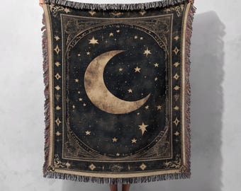 Coperta tessuta in 100% cotone con luna e stelle, arazzo celeste, arredamento gotico per la casa, coperta artistica con astrologia, copriletto accogliente, regalo per lei