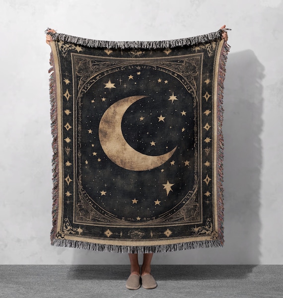 100% Cotton Moon and Stars Woven Blanket, Celestial Tapestry