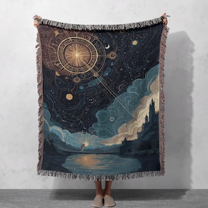 Astrology Zodiac Sign Woven Blanket 100% Cotton, Celestial Star Map Woven Blanket, Spiritual Horoscope Blanket, Night Sky Astronomy Blanket