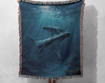 Humpback Whales Woven Blanket 100% Cotton, Ocean Lover Woven Throw, Marine Biologist Gift Tapestry Blanket, Underwater Sea Life Coastal Gift