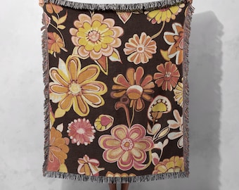 Retro Floral Woven Blanket 100% Cotton - Warm Tones with Fringed Edges, Cottagecore Tapestry
