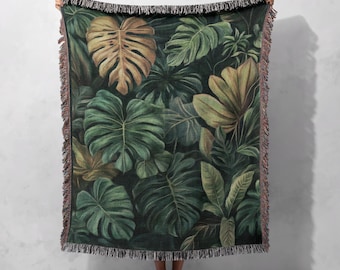 100% Cotton Tropical Leaf Woven Blanket, Botanical Boho Throw, Jungle Tapestry, Cozy Green Home Decor, Nature-Inspired Blanket