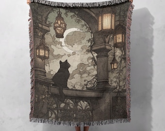 Manta tejida de gato negro gótico 100 % algodón, regalo afgano para una bruja, manta para mamá gata, manta tejida para decoración de Halloween, Dark Academia