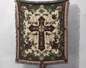 100% Cotton Woven Blanket – Vintage Floral Cross Tapestry Throw, Christian Home Decor, Faith-Inspired Gift, Cottagecore Blanket