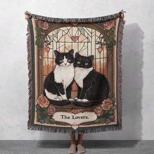Romantische &quot;The Lovers&quot; Katzen Paar Webdecke 100% Baumwolle für Katzenliebhaber und Cozy Home Decor, Cottagecore Wandteppich