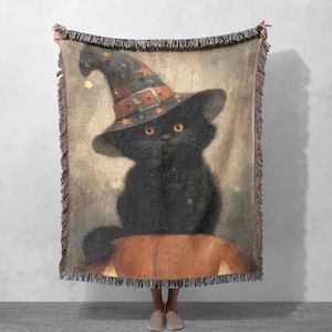 Black Cat Halloween Woven Blanket 100% Cototn, Spooky Season Witchy Decor Throw Blanket, Gift For Cat Lover Friend, Autumn Pumpkin Art