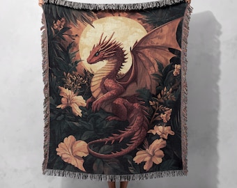 Crimson Moon Dragon 100% bomullsvävd filt, fantasidrakepläd, mystisk varelsetapet, mysig gotisk dekor