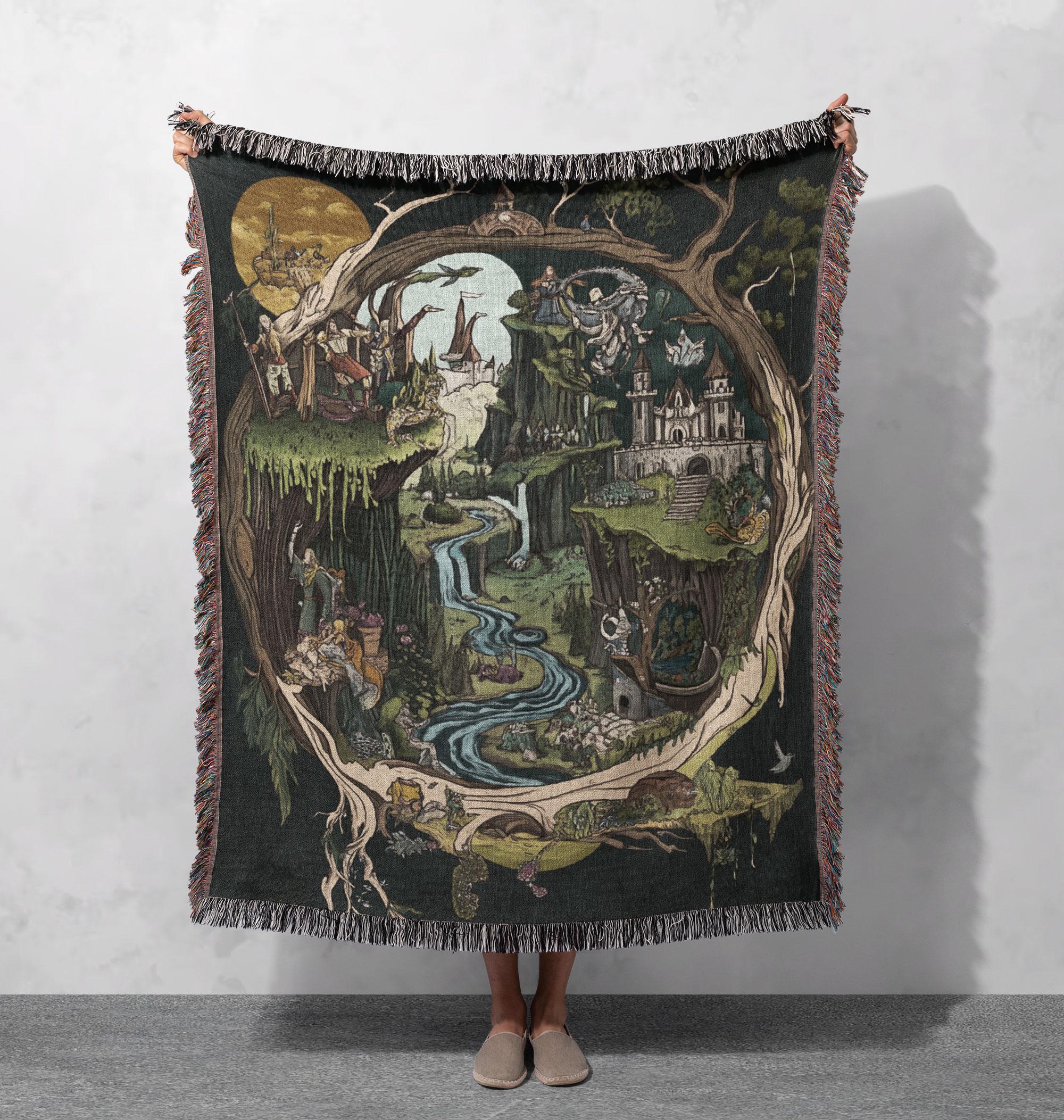 Enchanted Fantasy River Woven Blanket 100% Cotton with Fringe - Magical Castles and Fairytale Landscape Throw, Cottagecore Tapestry