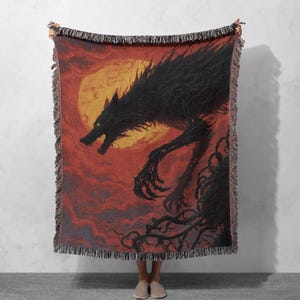 Werewolf Horror Fan Woven Blanket 100% Cotton, Gothic Halloween Throw Blanket, Dark Fantasy Lover Gift Tapestry Blanket, Spooky Mythical