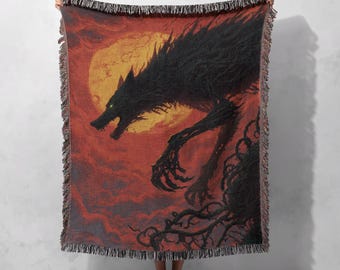 Werewolf Horror Fan Woven Blanket 100% Cotton, Gothic Halloween Throw Blanket, Dark Fantasy Lover Gift Tapestry Blanket, Spooky Mythical