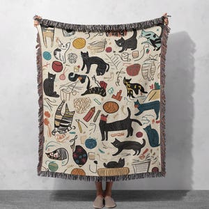 Colorful Cats Woven Blanket 100% Cotton with Yarn and Playful Patterns, Cottagecore Tapestry