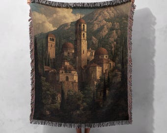 Christian Gift Woven Blanket 100% Cotton, Art History Lover Tapestry, Orthodox Monastery Throw Blanket, History Teacher, Italian Landscape.