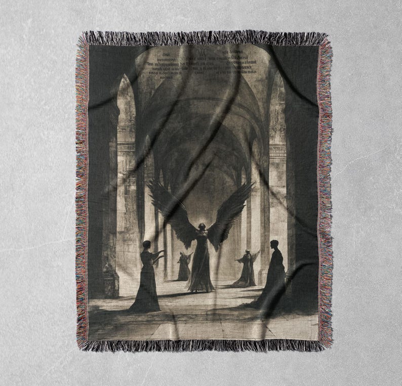 May include: A tapestry featuring a black and white illustration of an angel with wings spread wide, standing in a cathedral with four figures in the foreground. The angel is in the center of the image, and the figures are on either side of the angel. The tapestry has a fringe border.