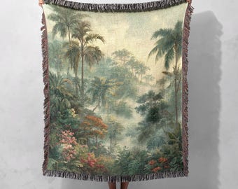 Tropical Jungle Nature Woven Blanket 100% Cotton, Botanical Forest Woven Blanket, Rainforest Scenery Woven Blanket, Landscape Art Blanket
