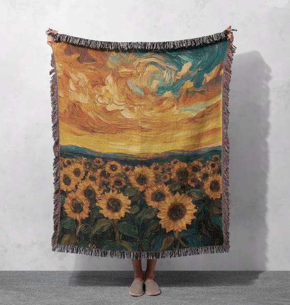 100% Cotton Sunflower Woven Blanket, Inspired Tapestry, Cozy Cottagecore Throw, Artistic Home Decor, Gift for Nature Lovers