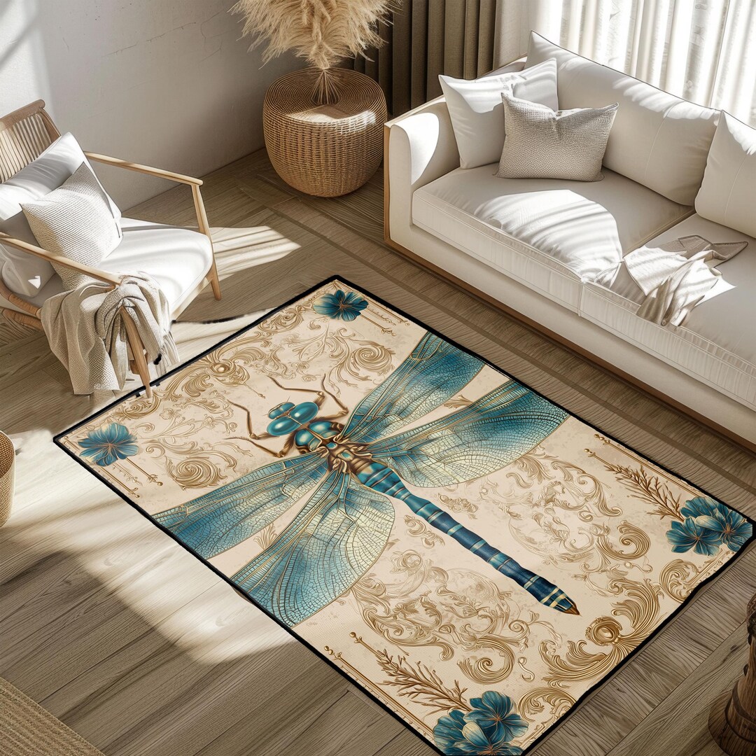Teal Insect Rug Vintage Dragonfly Rug, Art Nouveau Insect Area Rug, Blue Teal Animal ...