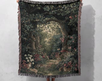 Enchanted Forest Woven Blanket 100% Cotton, Cottagecore Woodland Animal Tapestry Blanket, Gift For Nature Lover, Dark Academia Decor Woven