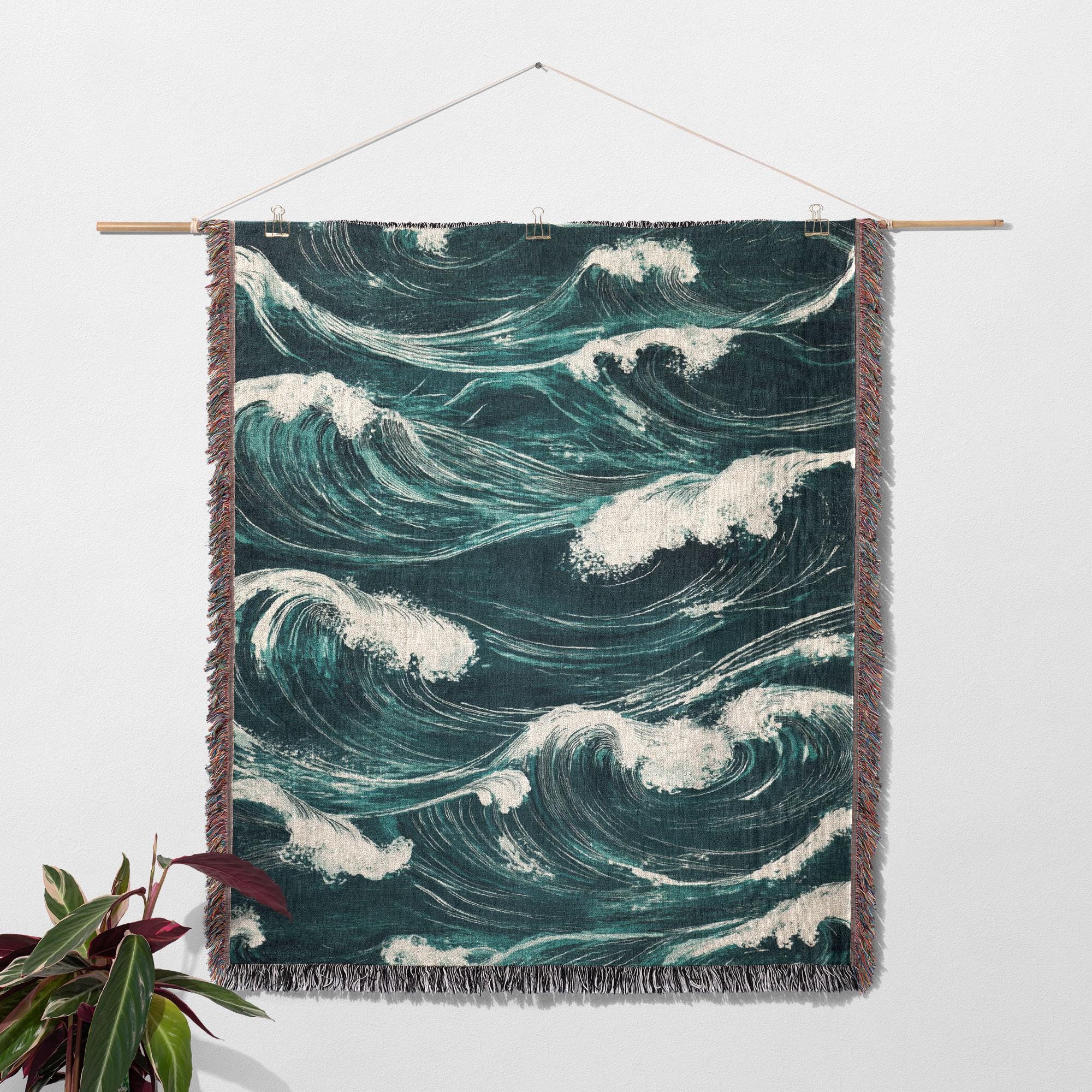 Ocean Waves Woven Blanket 100% Cotton - Coastal Throw for Nautical