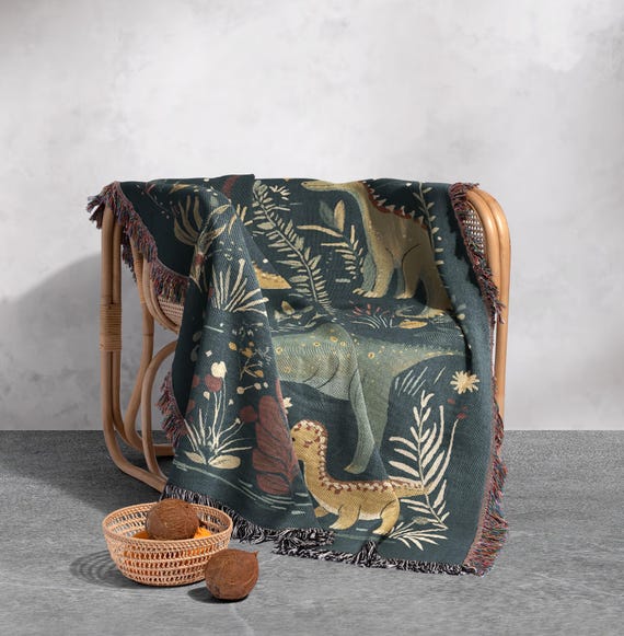 Dinosaur Woven Blanket 100% Cotton - Whimsical Green and Yellow