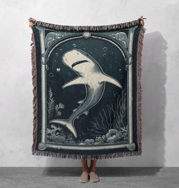 100% Cotton Shark Woven Blanket, Ocean Gothic Tapestry, Cozy Home Decor, Vintage Sea Life Throw, Marine Lover Gift, Nautical Aesthetic