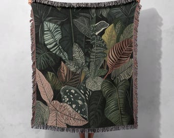 Tropical Botanical Woven Blanket 100% Cotton - Cozy Throw with Lush Green Leaf Pattern for Nature-Inspired Home Decor, Cottagecore Tapestry