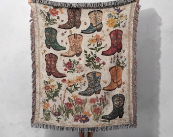 100% Cotton Floral Cowboy Boot Blanket, Western Tapestry, Boho Home Decor, Rustic Farmhouse Throw, Vintage Country Style Blanket Gift