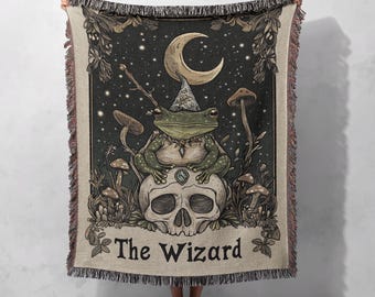 Geweven deken The Wizard Frog 100% katoen - Betoverende kikker tovenaar en schedelkunstdeken voor magisch interieur, wandtapijt Cottagecore