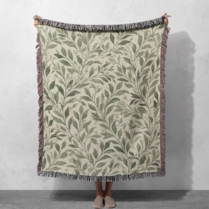 Vintage Botanical Leaf Woven Blanket 100% Cotton, Cottagecore Home Decor Woven Throw, Gift For Plant Mom Tapestry, Gardener Housewarming Gift Woven Blanket