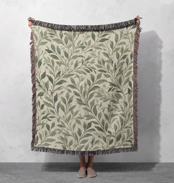 Vintage Botanical Leaf Woven Blanket 100% Cotton, Cottagecore Home Decor Woven Throw, Gift For Plant Mom Tapestry, Gardener Housewarming.