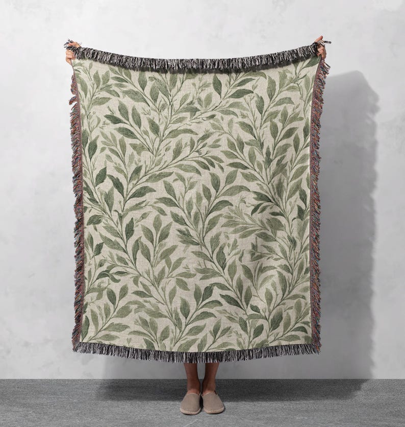 Vintage Botanical Leaf Woven Blanket 100% Cotton, Cottagecore Home Decor Woven Throw, Gift For Plant Mom Tapestry, Gardener Housewarming Gift Woven Blanket