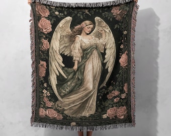 Engel gewebte Decke aus 100% Baumwolle - Vintage Himmel-inspirierter Wandteppich, ätherischer Schutzengel-Überwurf