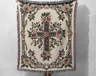 100% Cotton Woven Blanket – Floral Cross Tapestry Throw, Christian Faith Home Decor, Religious Comfort Gift