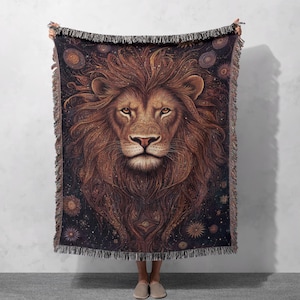100% Cotton Woven Blanket – Majestic Cosmic Lion Tapestry Throw, Boho Jungle Decor, Celestial Wildlife Gift