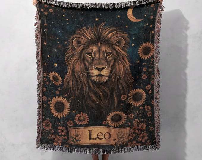 100% Cotton Leo Woven Blanket, Zodiac Tapestry, Astrology Home Decor, Cozy Celestial Throw, Gift for Him, Sunflower Lion Blanket