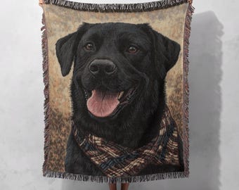 Couverture tissée labrador noire personnalisée 100 % coton, jeté de tapisserie pour chien, couverture personnalisée pour animal de compagnie, cadeau pour amoureux du Labrador, décoration d'intérieur