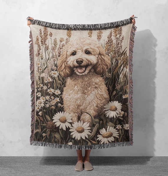 100% Cotton Custom Poodle Woven Blanket, Floral Dog Tapestry Throw