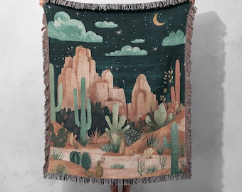 Desert Night Woven Blanket 100% Cotton - Cactus Landscape Art Throw for Boho Home Decor, Cottagecore Tapestry