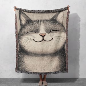 100% Cotton Woven Blanket - Whimsical Smiling Cat Cozy Throw, Cottagecore Tapestry