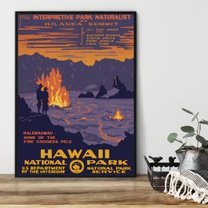 May include: A vintage travel poster for Hawaii National Park, featuring a volcanic landscape with lava and text that reads "Kilauea Summit" and "Hawaii National Park". The poster has a dark blue and orange color scheme.