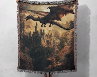 Koc tkany z motywem średniowiecznego smoka, wykonany w 100% z bawełny, gobelin z motywem zamku fantasy, gotycki mityczny pled, prezent dla miłośnika smoków, wystrój domu