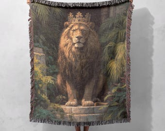 King Lion With Crown Woven Blanket 100% Cotton, Father's Day Gift For Dad Woven Throw, Christian Lion Of Judah Tapestry Throw, Boss Gift
