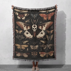 Gothic Death&#39;s-Head Moth 100% Cotton Woven Blanket, Dark Aesthetic Tapestry, Occult Home Decor