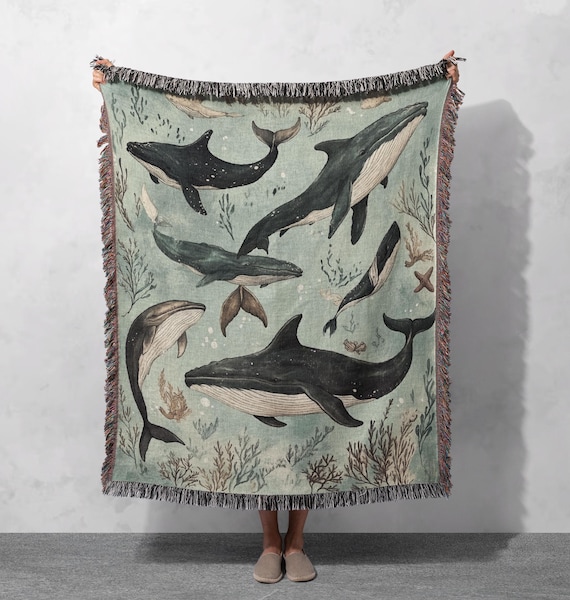 100% Cotton Whale Woven Blanket, Ocean Marine Life Tapestry, Cozy Nautical Throw