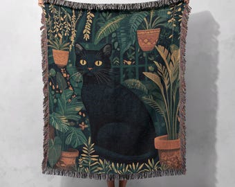 100% Cotton Woven Blanket - Elegant Black Cat & Botanical Garden Cozy Throw, Cottagecore Tapestry