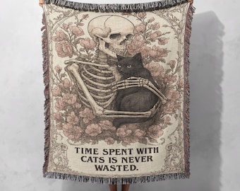 Time Spent With Cats Woven Blanket 100% Cotton, Skeleton And Cat Woven Throw, Gift For Cat Lover, Gothic Home Decor Tapestry Blanket, Witchy