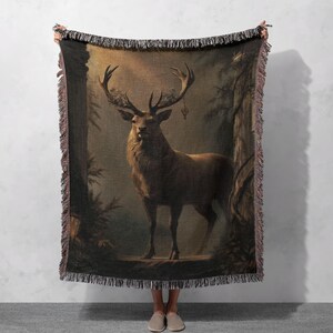 Majestic Stag Forest Dad Woven Blanket 100% Cotton, Outdoorsman Wildlife Hobby Blanket, Father's Day Hunter Gift Blanket, Grandpa Cabin Decor Blanket, Nature Lover Blanket