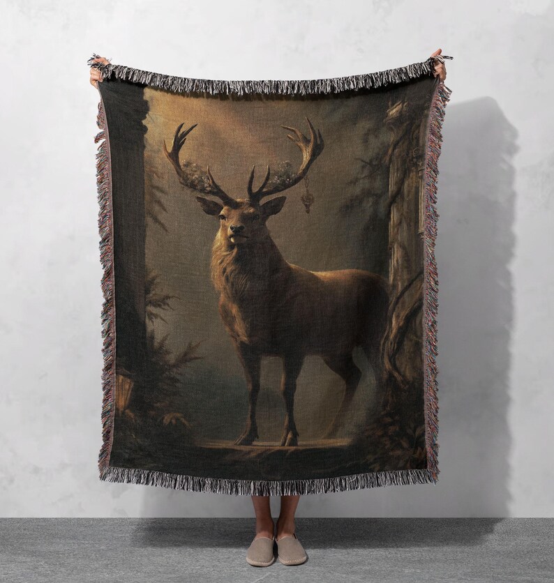 Majestic Stag Forest Dad Woven Blanket 100% Cotton, Outdoorsman Wildlife Hobby Blanket, Father's Day Hunter Gift Blanket, Grandpa Cabin Decor Blanket, Nature Lover Blanket