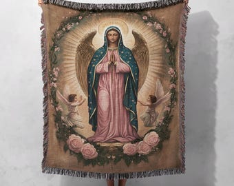 100% Cotton Virgin Mary Woven Blanket, Religious Tapestry Throw, Catholic Home Decor, Spiritual Gift