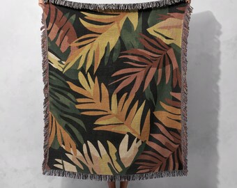 Tropical Leaf Woven Blanket 100% Cotton - Vibrant Jungle-Inspired Design in Warm Earth Tones, Perfect for Boho Home Decor and Cozy Nights