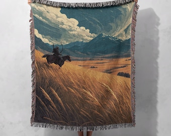 Mongolian Warrior Woven Blanket 100% Cotton, Nomad Archer On Steppe Throw Blanket, History Buff Hobby Woven Tapestry, Gift For Dad Friend